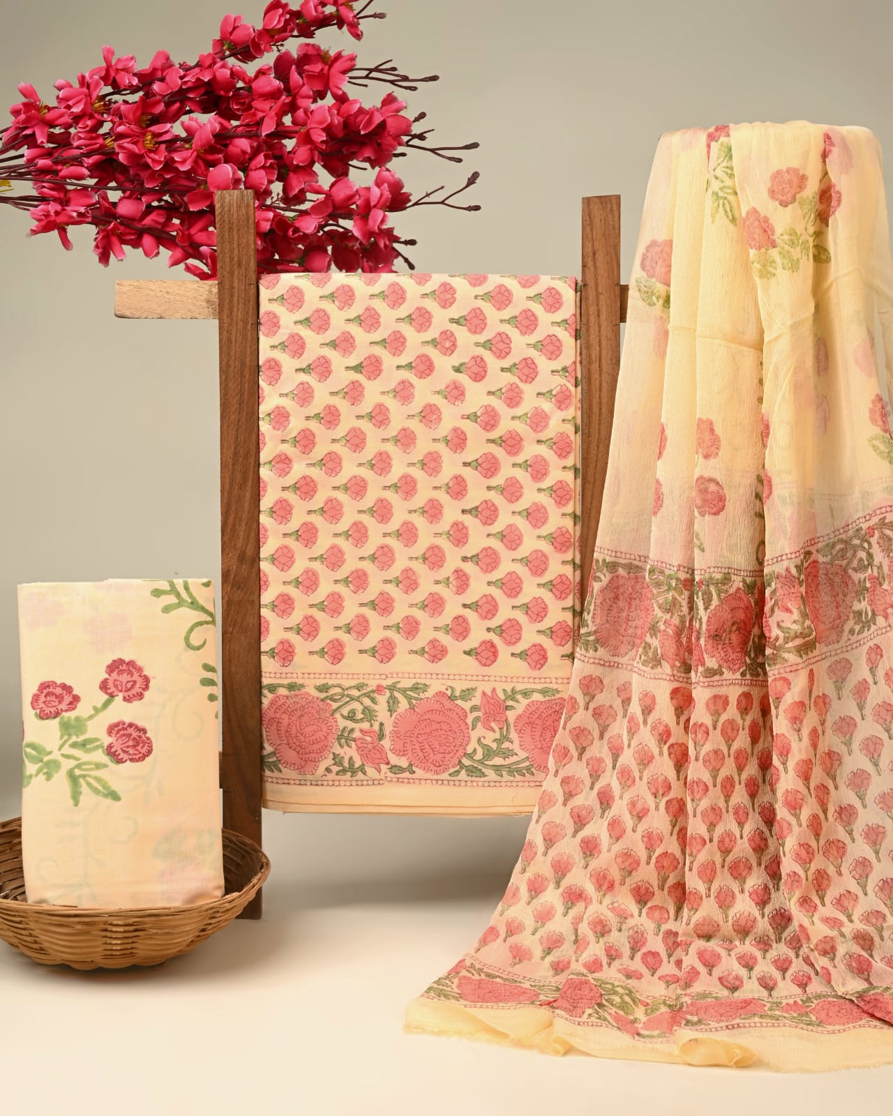 light yellow floral jaal handblock printed cotton dress material with chiffon dupatta wholesale India low MOQ boutique fabric Fabtexs26